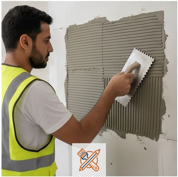 معلم تركيب بديل الرخام يوزع المادة اللاصقة